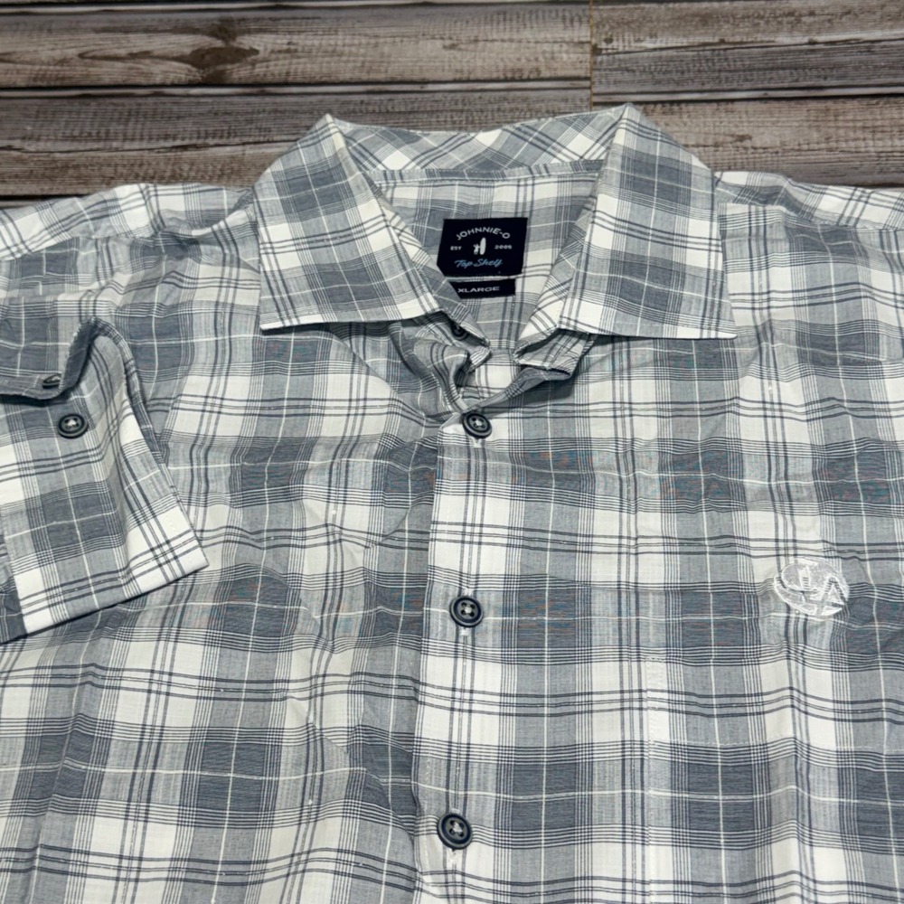 Johnnie-O Button Up Shirt Mens XL Gray Plaid Top Shelf Long Sleeve LA Logo